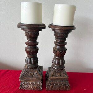 Set of 2 Brown Pillar Candle Holders and 2 Candles